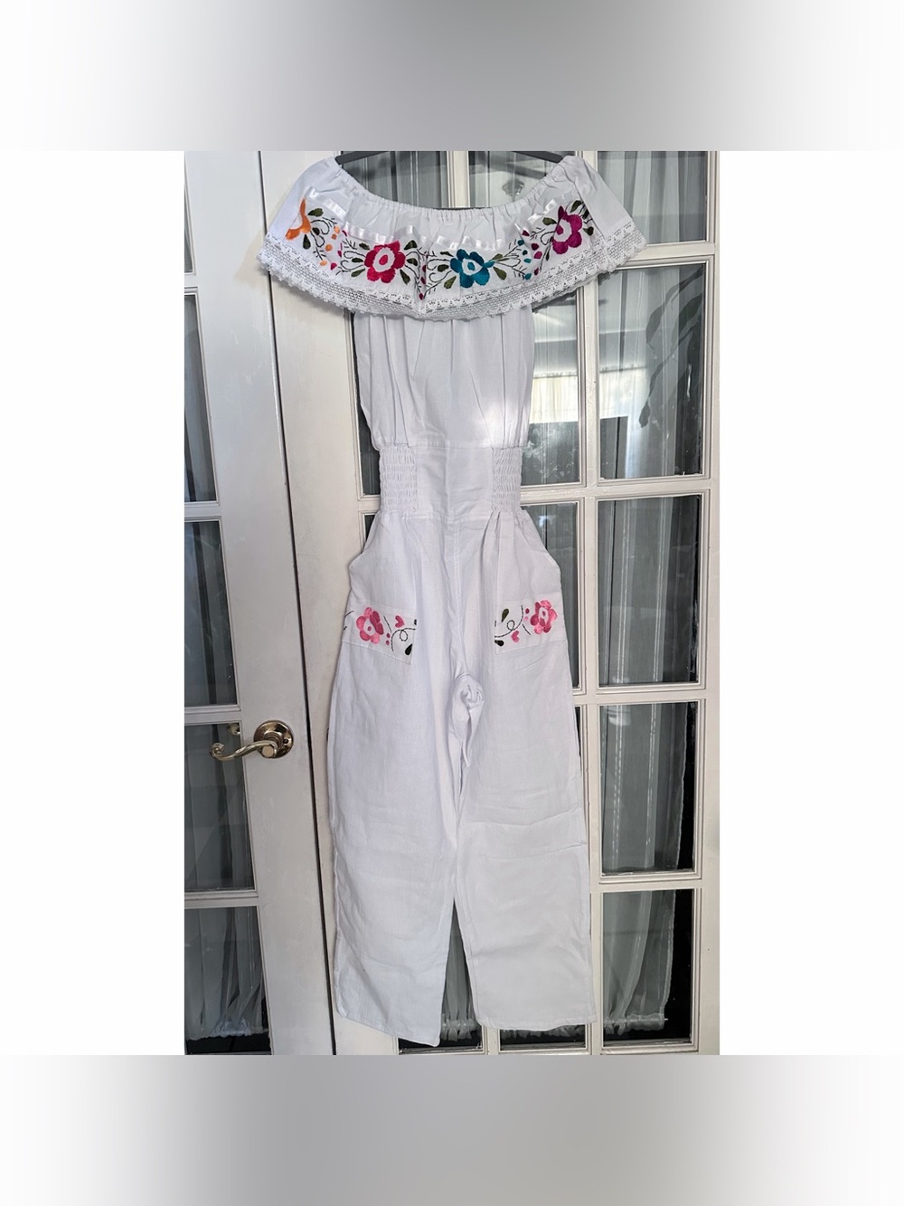 White Off-Shoulder Embroidered Jumpsuit with Floral Trim